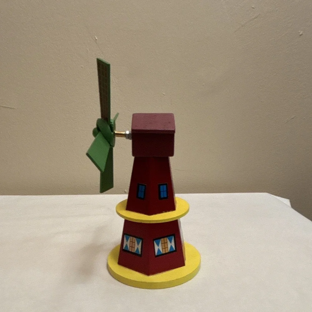 Painted Wood Holland Windmill Figurine 5 in Red Green Yellow Blue
